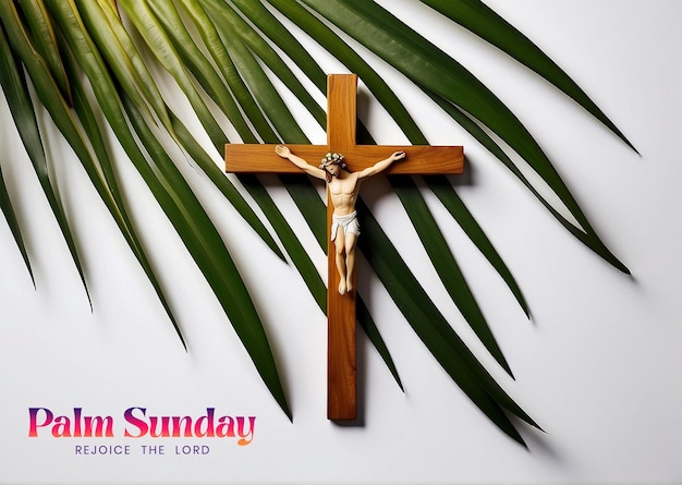 Le concept du dimanche des palmiers, des branches de palmiers avec une croix chrétienne en bois décorée sur fond blanc