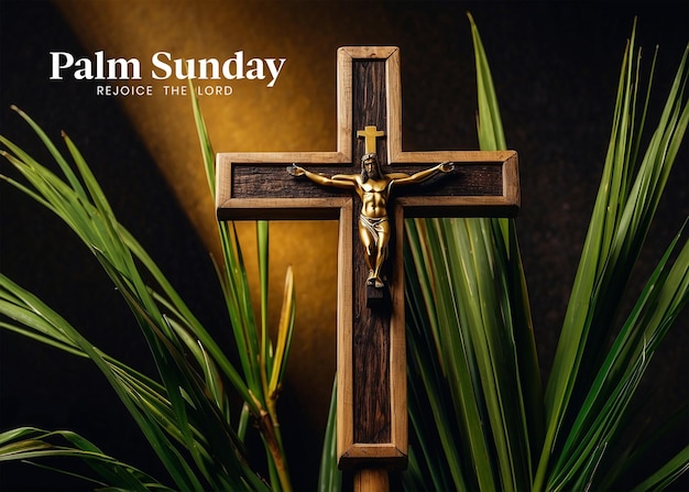Le concept du dimanche des palmiers, des branches de palmiers avec une croix chrétienne en bois décorée sur un fond en bois
