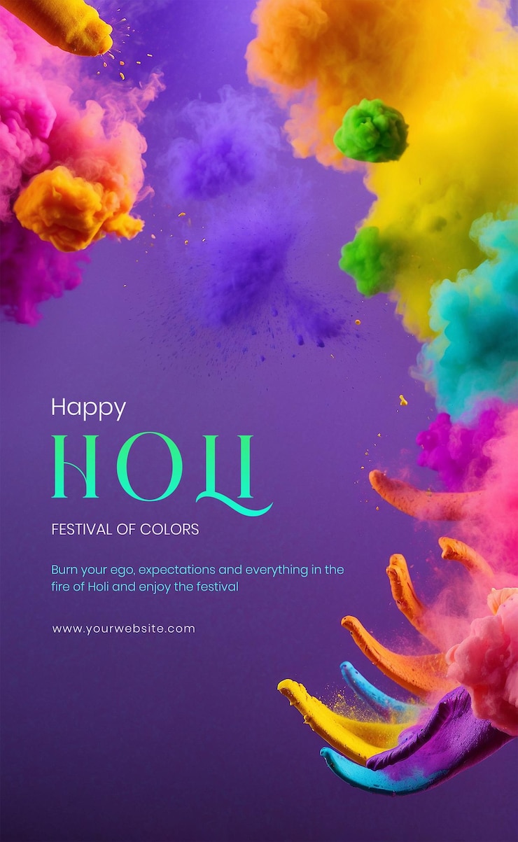 PSD le concept du festival de holi les couleurs vives de holi sont répandues sur la toile sur un fond violet