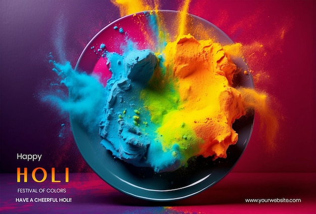 Le Concept Du Festival Holi Est Une Explosion De Poudre Holi Sur Une Plaque Au Milieu De L'arrière-plan De La Toile.