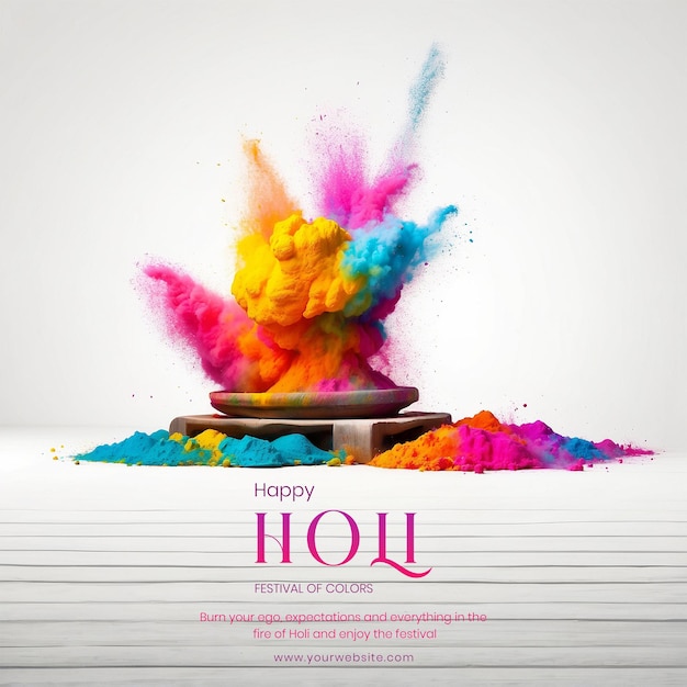 Le concept du festival Holi est une explosion de poudre multicolore sur un fond en bois blanc.