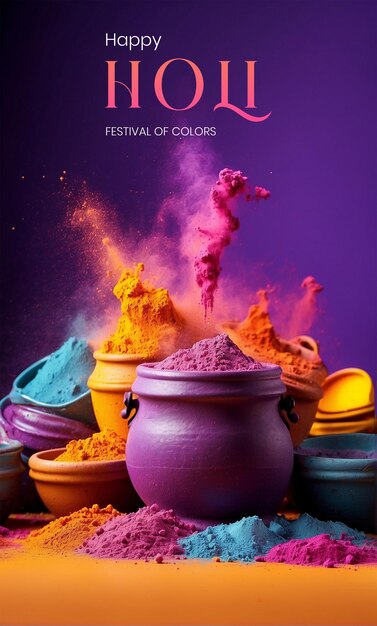 PSD concept du festival holi explosions de poudre multicolores avec des pots d'argile sur un fond violet