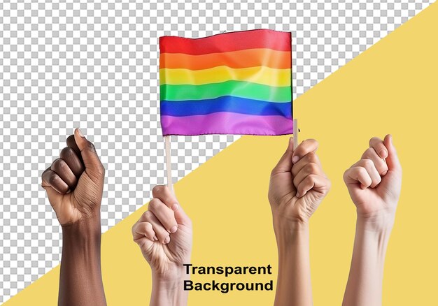 PSD le concept du mois de la fierté lgbt des poings soulevant le drapeau de l'arc-en-ciel isolé sur un fond transparent