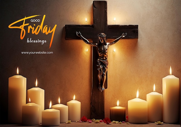 PSD le concept du vendredi saint, une croix chrétienne entourée de bougies créant une atmosphère sacrée.