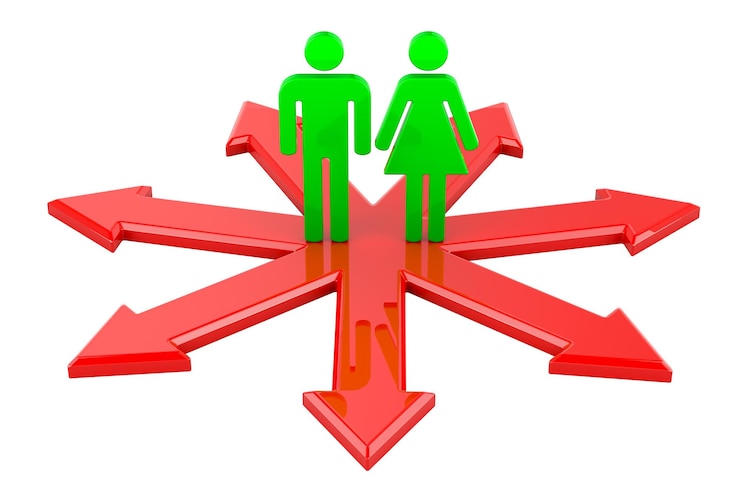 PSD concept de elección parella de hombre y mujer con flechas renderización 3d aislados en fondo transparente