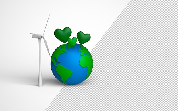 PSD concept d'énergie écologique éolienne moulins à vent globe terrestre et coeurs verts rendu 3d