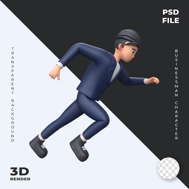 PSD concept d'entreprise d'illustration de personnage de dessin animé d'homme d'affaires en cours d'exécution 3d