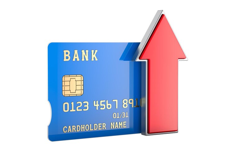 PSD concept d'envoi d'argent carte de crédit avec flèche rouge vers le haut rendu 3d isolé sur fond transparent