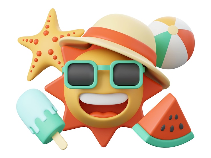 PSD concept d'été soleil souriant portant des lunettes de soleil avec crème glacée pastèque et balle de plage