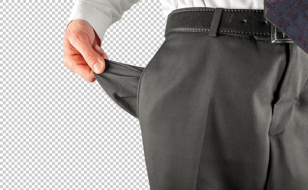 PSD concept de faillite homme d'affaires en faillite montrant une poche vide avec la main isolée sur fond psd transparent