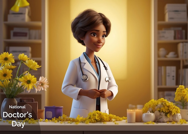 PSD le concept de la fête nationale des médecins en 3d, une médecin en camisole de laboratoire entourée de fleurs en fleurs
