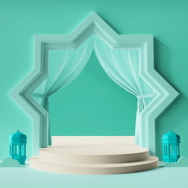 concept de fond de podium d'escalier 3d vert pour l'affichage du produit thème islamique eid al fitr