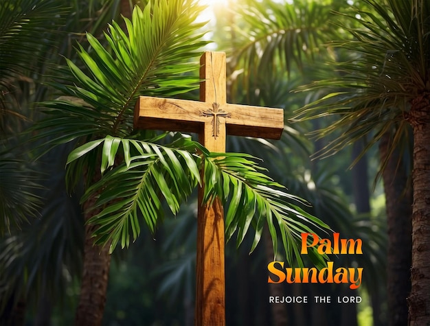 PSD le concept de la forêt de palmiers du dimanche des palmiers avec un fond de croix chrétienne en bois décoré