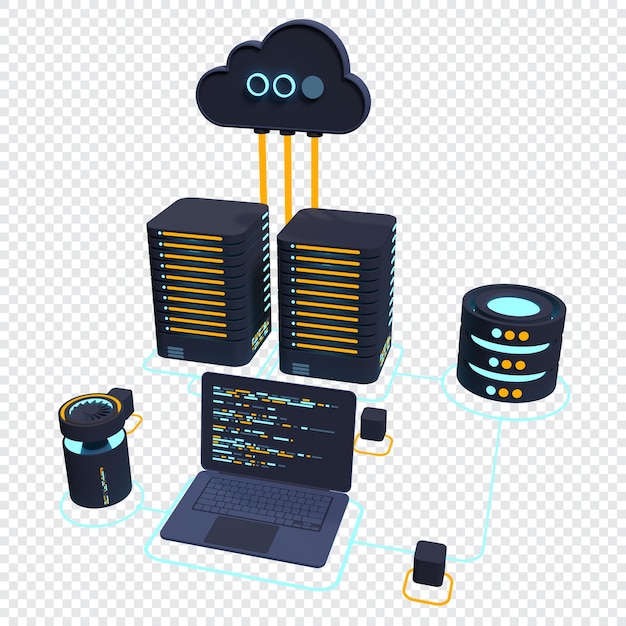 concept d'informatique en nuage technologie de nuage moderne centre de données concept isométrique technologie de nuage 3D avec centre de données concept d'hébergement Web rendu 3D