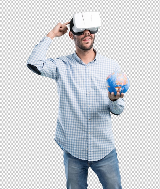 PSD concept d'un jeune homme capable de voyager avec des lunettes de réalité virtuelle