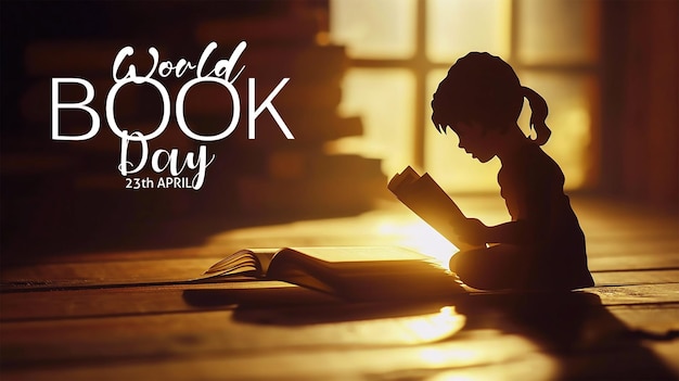 PSD concept de la journée mondiale du livre silhouette en papier d'une petite fille lisant un livre sur une table en bois