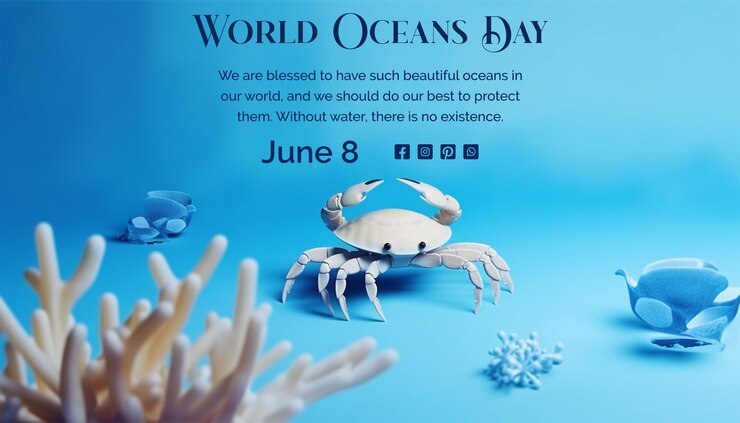 PSD le concept de la journée mondiale des océans crabe de mer profonde et paysage végétal sur fond bleu clair