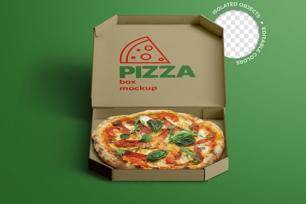 Concept de livraison de maquette d'emballage de boîte à pizza en carton modifiable ouvert isolé