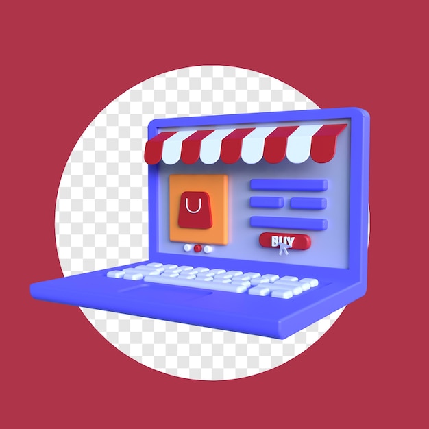 Concept de magasinage en ligne avec ordinateur portable et bouton d'achat Illustration de fond transparent