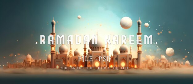 PSD le concept de ramadan kareem avec un fond de mosquée et une nuit d'étoiles étincelantes