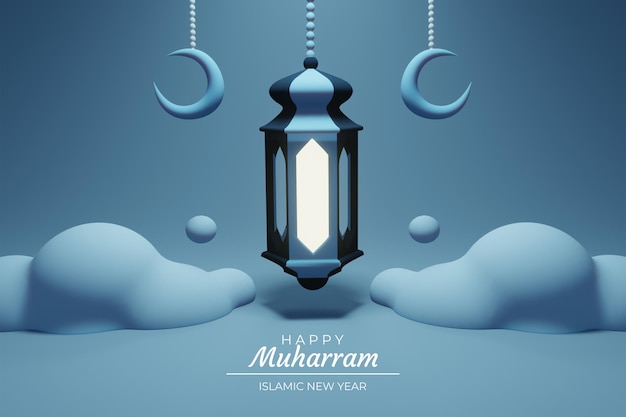 Concept réaliste de bannière de nouvel an islamique avec des nuages de lanterne 3d et un croissant de lune