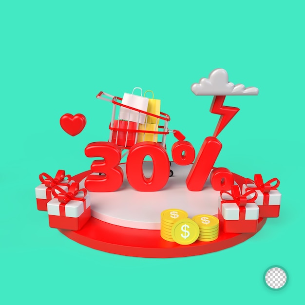 Concept de remise de 30%. coffret cadeau, icône amour, argent et podium. illustration de rendu 3D