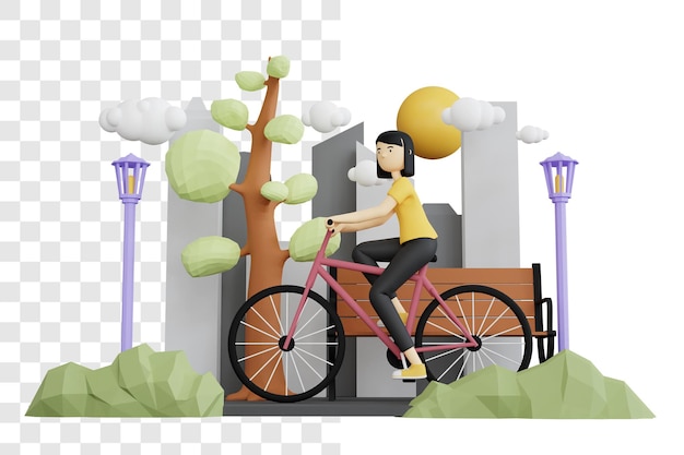 PSD concept de rendu 3d d'une femme à vélo dans un parc de la ville