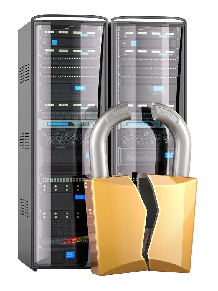 PSD concept de serveur de piratage rack de serveur d'ordinateur avec un verrou cassé rendering 3d isolé sur un fond transparent