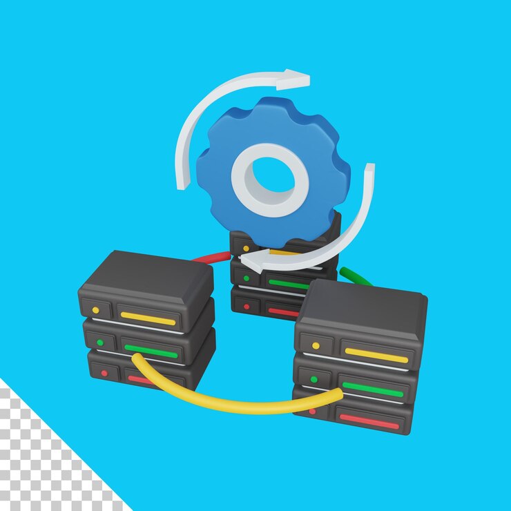 PSD concept de serveur de réseau de rendu 3d avec engrenage et symbole de serveur coloré utile pour le serveur informatique