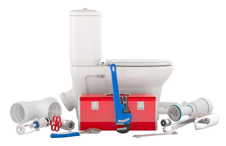 PSD concept de service de réparation de plomberie toilette avec outils de construction rendu 3d