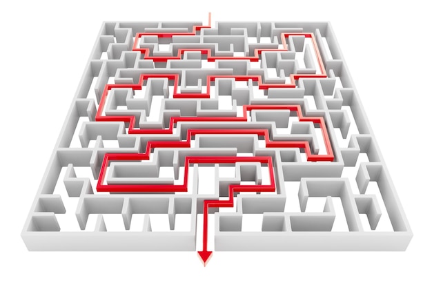Concept de stratégie de sortie du chemin à travers le labyrinthe rendu 3D isolé sur un fond transparent