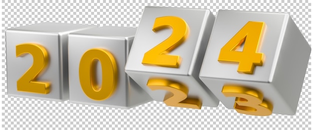 PSD concept de vacances de la nouvelle année les cubes avec le numéro 2024 remplacent 2023 isolés sur un fond psd transparent