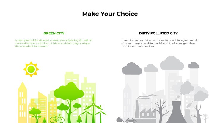 PSD concept de ville propre, verte et sale et polluée, infographie sur l'écologie