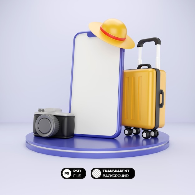 Concept de voyage en 3D avec une valise de smartphone et un appareil photo