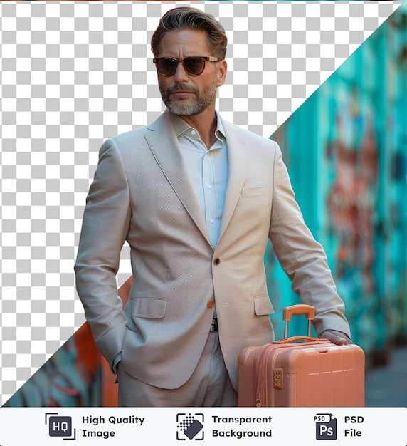 Concept De Voyage D'affaires Psd Transparent De Haute Qualité Avec Un Homme D'affaires En Costume Bleu Et Chemise Blanche Debout Devant Un Mur Gris Et Blanc Avec Une Valise Noire Et Bleue à Côté De Lui Ses Caractéristiques