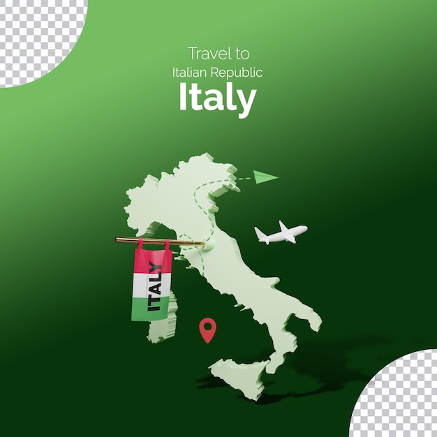 PSD concept de voyage de l'italie carte rendu 3d avec le drapeau national