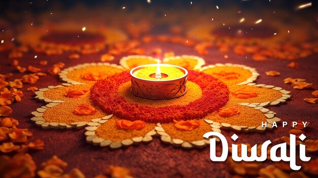 PSD conception d'affiche happy diwali avec des lampes à huile allumées sur des rangoli colorés pendant la célébration de diwali