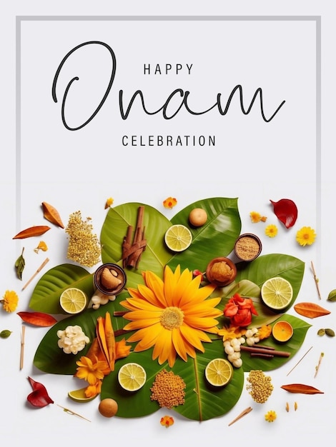 Conception d'affiche Happy Onam modifiable PSD avec de la nourriture traditionnelle indienne