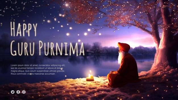 Conception D'affiche Psd Modifiable Happy Guru Purnima Avec Un Vieux Mâle Indien Méditant Sous Un Arbre