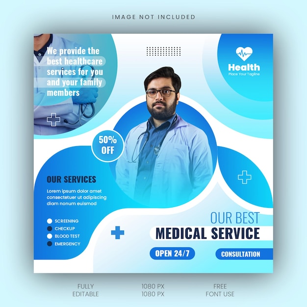 PSD conception d'affiche de santé médicale et hôpital pour le modèle de bannière de publication carrée sur les médias sociaux