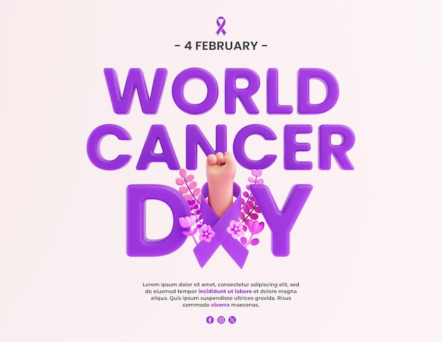 PSD conception d'arrière-plan de bannière de la journée mondiale contre le cancer avec un poing sur un ruban et des fleurs en illustration 3d