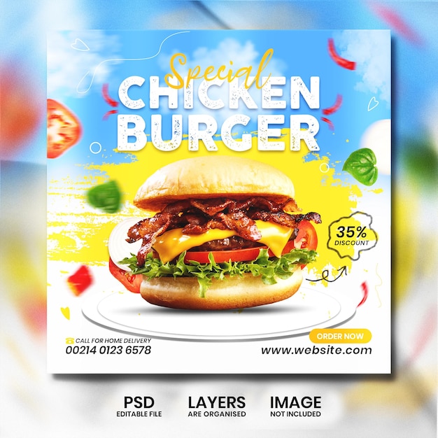 PSD conception de bannière de publication de publicité sur les médias sociaux de burger de poulet spécial de restaurant