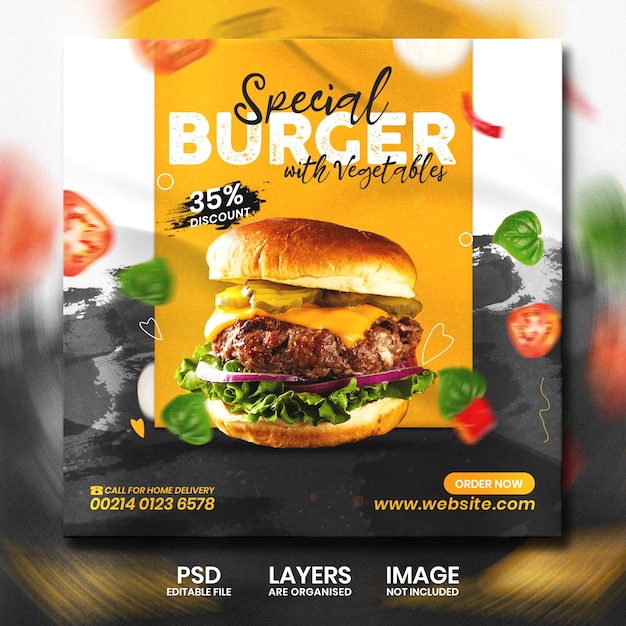 PSD conception de bannière de publication de publicité sur les médias sociaux de burger de poulet spécial de restaurant