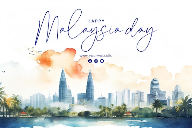 PSD conception de bannière et publication sur les réseaux sociaux de la bonne journée de la malaisie dans un style aquarelle