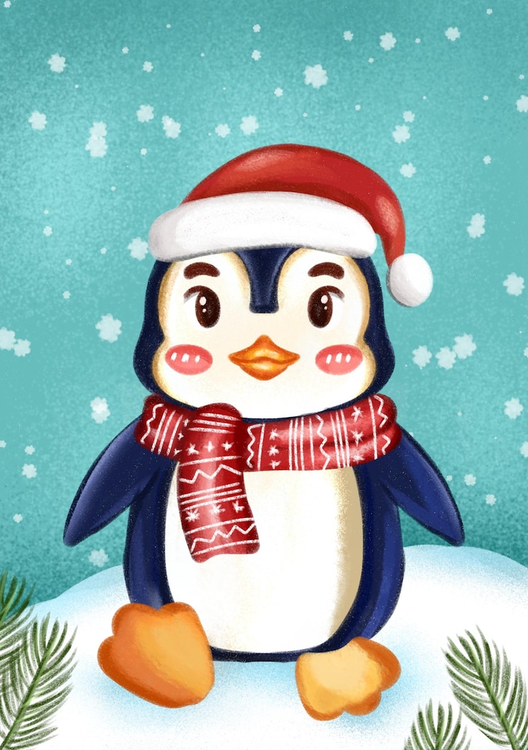 PSD conception de carte de vœux avec illustration de personnage de pingouin en utilisant un chapeau et une écharpe de père noël en saison d'hiver