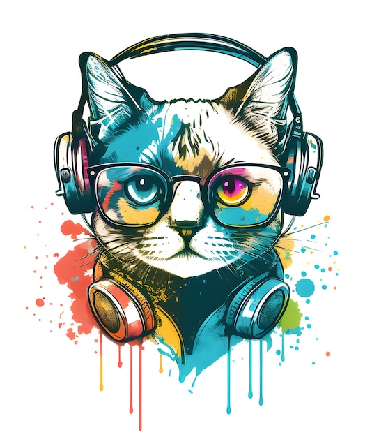 PSD conception de chat mignon portant des lunettes et un casque