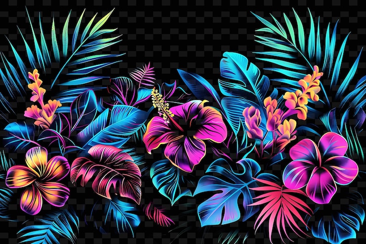 PSD une conception colorée de fleurs et de feuilles sur un fond noir