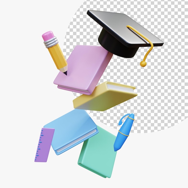 Conception de concept d'éducation Cahiers de graduation chapeau stylo crayon et règle papeterie pour étudiant Idée d'éducation pour affiche de présentation de bannière de site Web et publicité rendu 3d