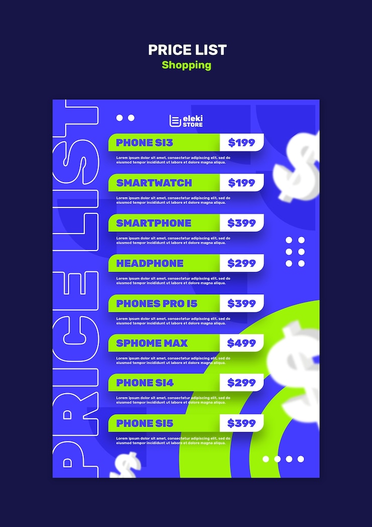 PSD conception du modèle de liste de prix d'achat