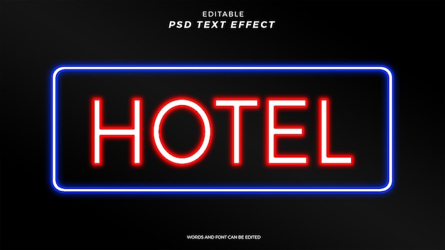 PSD conception éditable d'effet de texte d'hôtel neon